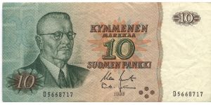 10 markkaa. OBVERSE: J.K.Paasikivi. Banknote