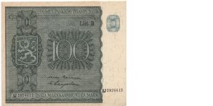 100 markkaa. Litt.B series. Banknote