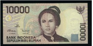 10000 Rupiah.

Tjut Njak Dhien at right, arms at upper right, bank monogram at lower right on face; Segara Anak Volcanik Lake at center right on back.

Pick #137 Banknote