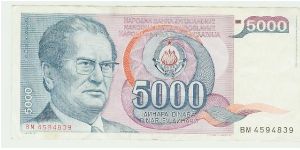 VERY NICE 5000 DINARA YUGO NOTE. Banknote