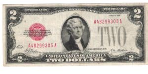 1928 red seal 2 dollar note united States Note signatures tate/ Mellon Banknote