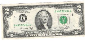 2 dollar new reverse(Decleration of independance) 1976 NEFF/ZImmer Banknote