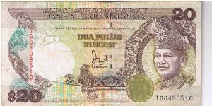 Malaysia 20 ringgit. Issued in 1989. Printed by Thomas de La Rue. Banknote