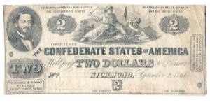 Type 38 Confederate $2 note. (Printer's error: Date should be June 2, 1862.) Banknote