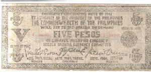 S658a Negros Occidental 5 Pesos note, regular paper. Banknote