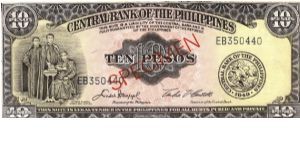 PI-136s5 Central Bank of the Philippnes 10 Peso Specimen note. Banknote