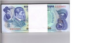 Stack of 100 consecutive number 2 Peso notes. Banknote