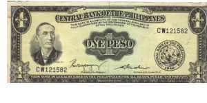 PI-133c, Signature 2 Centra Bank of the Philippines 1 Peso note. Banknote