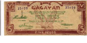 S-191a Cagayan 5 Pesos note with green text. Banknote