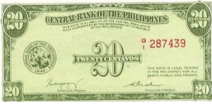 PI-130a Philippine English series 20 centavos note, signature 2. Banknote