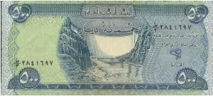500 Dinars 
Dated 2004, Central Bank Of Iraq. 
Obverse:Ducan Dam on Al Zab river Reverse:Winged Bull statue from the palace complex of Sargon II in Khorsabad.
Watermark:Arabian Horse
Security Thread: Yes
Original Size: 142x66mm
OFFER VIA EMAIL Banknote