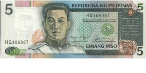 5 Piso Dated 1993-95, Rupublika Ng Pilipinas
Obverse:Emilio Aguinaldo Reverse:Declaration of Independence in 1898
Watermark:Yes
Original Size: 159x66mm Banknote