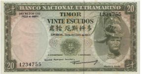 20 Escudos, Banco National Ultramarino. Dated 24 October 1967. Banknote