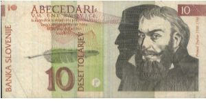 10 Tolarjev 15.1.1992(O)P. Trubar(R) Ursuline church. Banknote