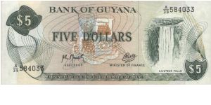 A Series 5 Dollars Bank Of Guyana.(O) Kaieteur Falls(R) cane sugar harvesting & conveyor.Printed By Thomas De La Rue & Company Limited,London.157x66mm. Security thread:
Yes.Watermark:
No Banknote