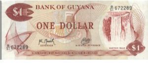 1 Dollar Bank Of Guyana.(O)Kaieteur Falls(R)Black Bush Polder & Rich Harvesting.Printed By Thomas De La Rue & Company Limited,London. 157x66mm. Security thread:
Yes.Watermark:
No Banknote