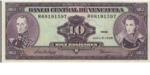 10 Bolivares Dated 5 June 1995

Obverse:Bouvar Libertador & Mariscal Sucre

Reverse:Monument

Security Thread:Yes

OFFER VIA EMAIL Banknote