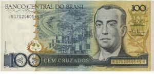 Running Series 
No:A1702060545A 100 Cruzados Dated 1987(O) President J. Kubitschek. Banknote