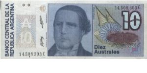 10 Australes Dated 1985,Banco Central De La Republica Argentina(O)Santiago Derqui(R)Progreso. Banknote