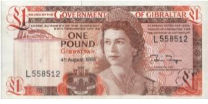 1 Pound
Dated 4 August 1988 

Obverse:Queen Elisabeth II, Rock of Gibraltar

Reverse:The Covenant of Gibraltar

Watermark:Yes Banknote