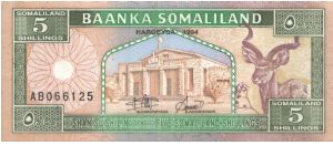A Series No:AB066125
Somaliland 5 Shillings 1994 
Obverse: Government building; Greater Kudu (Tragelaphus strepsiceros),
a woodland antelope Reverse: Camel caravan in desert. 
Security Thread:Yes Banknote