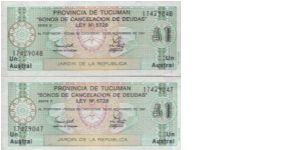 Running Series No:17429048 & 17429047

1 Austral 
dated expiration 30 November 1991

Obverse:Arms & Ornaments

Reverse:Provincia De Tucuman

Security Thread:Yes

BID VIA EMAIL Banknote