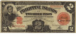 PI-32e Rare 2 Peso note signed by Francis Burton Harrison and J. L. Manning with the blue underprint missing. Banknote