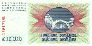 1000 Dinara, Bosnia & Herzegovina Banknote