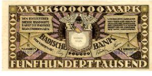 Germany
Badische Bank 1 Aug 1923
500000M Plum on Cream
Front 2 Griffins & Shild center top, scrollwork
RevWinged Warrior holding Hammer & Torch in triangles
Watermark Wavy lines Banknote