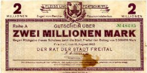 Germany 
Berlin 15 Aug 1923
2000000M Plum
Front Value/Writting factory in cachet top center
Rev center cachet with value above & below Scrollwork each end of the noteWatermark looks like a series of interlocking dimonds (Celtic style?) Banknote