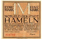Germany
1M Brown
Hamlen Notgeld 1 Jun 1921
Front Value  & Text
Rev Value & medievil Births? Banknote