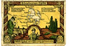 Germany
60pf
Luneburger Heath Notgeld 1921
Front Shepherd, Map with white horse, bottom center Herman Long
Rev Farming scene, top center 'Buchholz' Banknote
