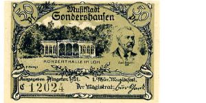 Germany Unknown 
50pf green
Front music hall & Carl Schroder 1881
Rev £ unknown Men possibly princes of Schwarzburg principalities Banknote