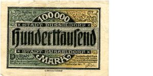 Germany
Dusseldorf Notgeld 15 Jul 1923
1000000M Green/Black/Tan
Front scrollwork with value in central cachet
Rev Value top & bottom State name in the center
Watermark Yes Banknote