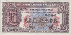 AA series  no:AA/9 002803

Obverse:British Armes Forces,Special Voucher 2nd Series

Reverse:1 pound

Printed by Thomas De La Rue Company Limited,london.

OFFER VIA EMAIL Banknote