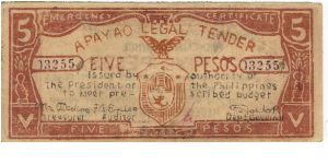S-115b Apayao 5 Pesos note. Banknote
