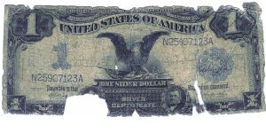 Very poor condition 1899 Silver Certificate Black Eagle This is the type without the fancy symbol on the right of the serial number, it's been replaced with a letter. Banknote