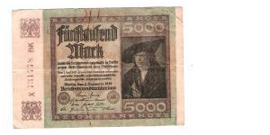 REICHSBANKNOTEN
5000-MARK

LARGE NUMBERS
1 OF 17 NOTES

X 731778 BK Banknote