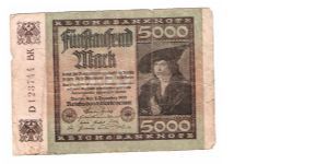 GERMANY
5000-MARK
LARGE NUMBER SERIAL NUMBER

D 123744 BK
4/17 Banknote