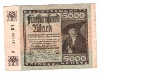 GERMANY
5000-MARK
SMALL SERIEL NUMBER
P 134406 RH
8/ OF 17 Banknote