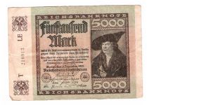 GERMANY
5000-MARK
SMALL SERIEL NUMBER
T 210913 LE
11/17 Banknote
