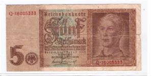 GERMANY
5-MARK
1 OF 4
SERIEL NUMBER
Q-16005333 Banknote