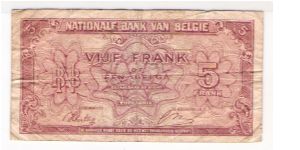 BELGIUM
5 FRANCS
DATED-01.02.43
SERIEL #
Y 1594819 Banknote