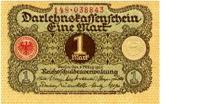 Berlin 1 Mar 1920
1 Darlehnskassenschein Mark 
Olive/Brown
Seal Red & White
Front Value in center seal either side
Rev Value in center & corners
Watermark No Banknote