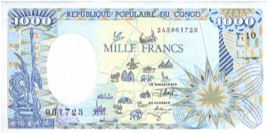 Congo Peoples Republic; 1000 Francs; Map on front; Elephant, statue antelopes and giraffe on back Banknote