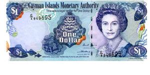 Cayman Islands 
$1 2006
Multi
Financial Secretary ?
Managing Director Mrs. Cindy Scotland 
Front Fish, Treasure Chest & Coat of Arms, HRH EII
Rev Coral & Fish
Security Thread
Watermark Turtle
C Series Banknote