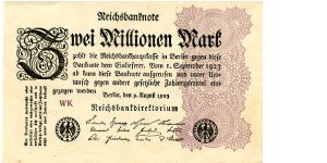Berlin 9.8.1923
2000000M
Seal Black
Black/Mauve
Front Value above seals very fancy scrollwork
Rev Uniface
Watermark Yes Banknote
