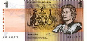 $1 1976 
Ocher/Pink/Green
Front Value, Coat of Arms, HRH Elisabeth II
Rev Aboriginal drawings
Security Thread
Watermark Mans Head Banknote