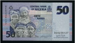 50 Naira.

Four busts reflecting varied citizenry at left center on face; three fisherman working on back.

Pick #NEW Banknote