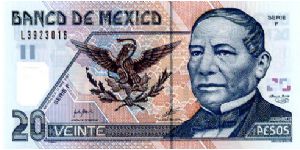 Mexico Polymer 
20 Pesos 17/05/02 but issued on 30/09/02
Blue/Terracotta
Chief Cashier R S Otero
Deputy Governor J M Yacaman 
Front See through window with the #20, Coat of Arms, Benito Juarez 
Rev Monument to Benito Juarez 
Series F Banknote